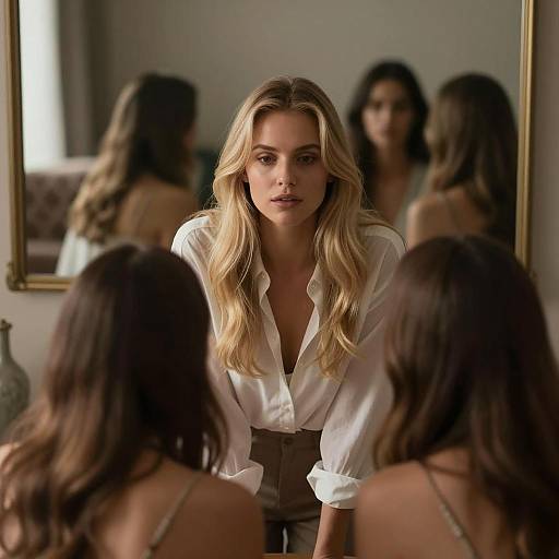 Blonde Woman Leaning Forward in White Blouse