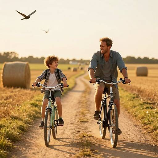 Father and Son Biking on Farm