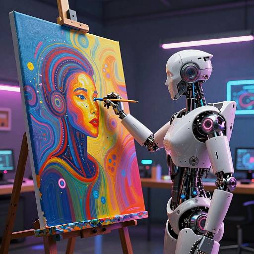 Futuristic Robotic Artist in Neon Studio