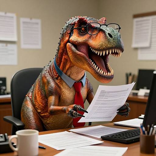 Photorealistic CGI of a dinosaur in an office, wearing glasses, red tie, and collared shirt, reading papers at a desk.