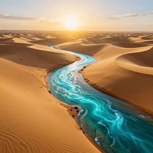 Photograph of a vibrant, turquoise river winding through golden, sunlit desert sand dunes under a bright, clear sunset sky.