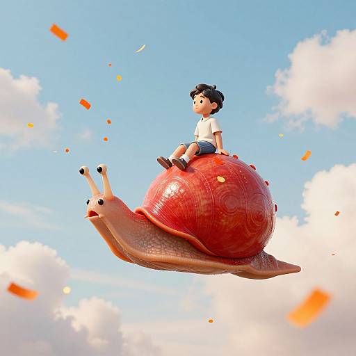 Digital illustration of a cute, short-haired boy in a white shirt and blue shorts, sitting on a giant, red, textured snail with an extended