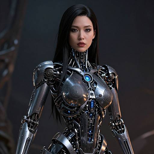 CGI image of an attractive, young Asian woman with long black hair, wearing a sleek, metallic cybernetic bodysuit with glowing blue accents