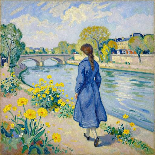 Impressionist painting of a woman in a blue coat standing by a riverbank with yellow flowers, facing a bridge and cityscape.