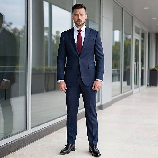 Photograph of a handsome, bearded man in a dark blue pinstripe suit, white shirt, and red tie, standing confidently in front of