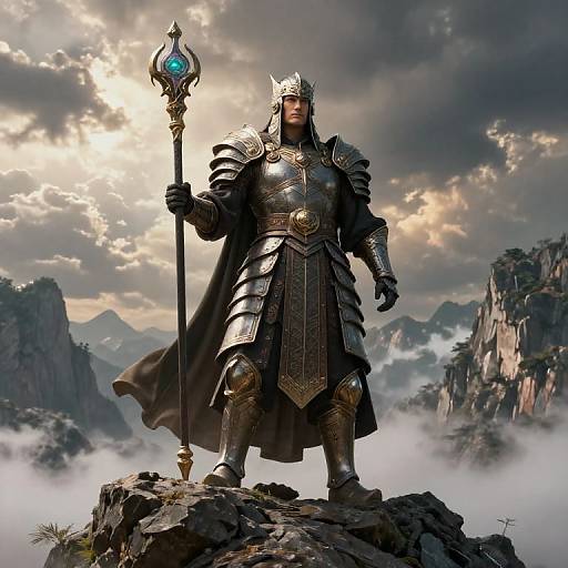 Photorealistic digital art of a muscular armored knight with a silver helmet, holding a glowing staff, standing on a rocky cliff amidst a misty mountain