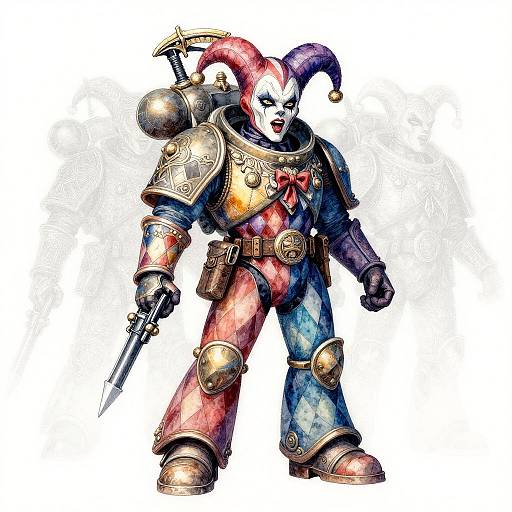 Digital illustration of a armored, jester-like character with white face paint, red and blue jester hat, wielding a sword, in colorful medieval armor