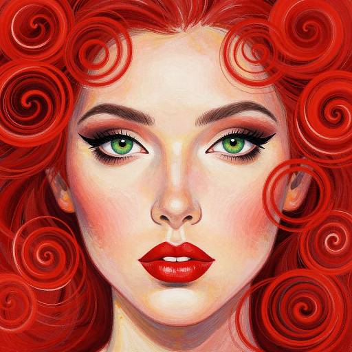 Digital portrait of a fair-skinned woman with striking green eyes, vibrant red curly hair, bold red lips, and intense gaze.