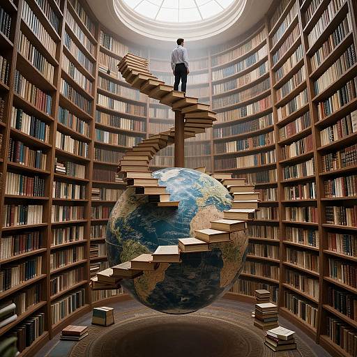 Photograph-like digital art: Man in white shirt and black pants climbs wooden staircase around giant globe in circular library with towering bookshelves, illuminated by