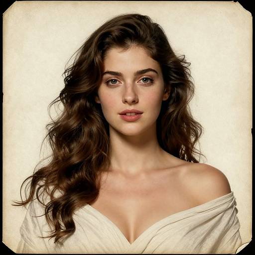 Photograph of a young woman with wavy brown hair, fair skin, and blue eyes, wearing an off-shoulder white top, against a