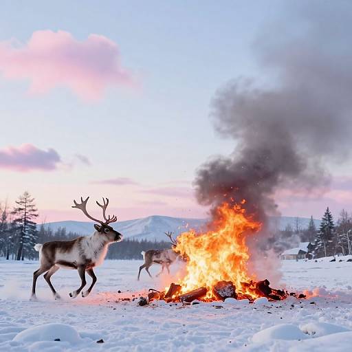Photograph of two reindeer with antlers standing near a bright, orange fire in a snowy landscape, with dark smoke rising and a pink-ting