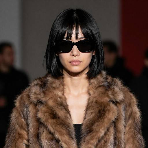 Person in Black Bob and Fur Coat with Sunglasses