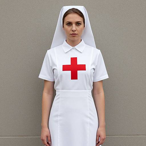 Photograph of a young woman in a white nurse uniform with a red cross, white veil, standing against a plain grey wall.
