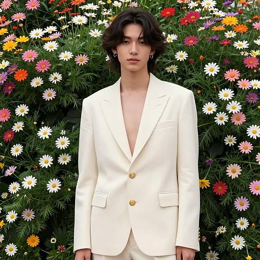 Photograph of a young woman with short, dark hair, wearing a white blazer with gold buttons, standing in front of a vibrant, colorful flower