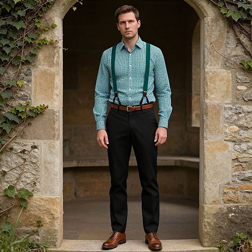 Photograph of a handsome man with short brown hair, wearing a blue checkered shirt, black pants, brown leather shoes, and green suspenders,