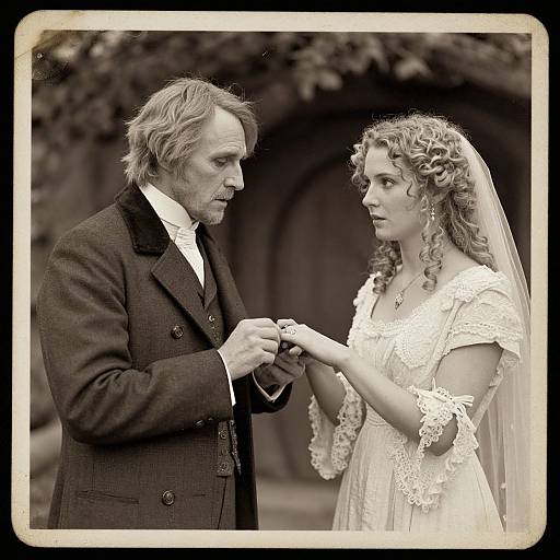 Sepia-toned photograph of an elderly man with wavy hair placing a ring on a curly-haired woman's hand, dressed in a lace wedding gown