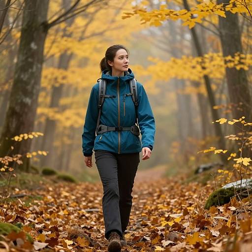 Photograph of a young woman with brown hair in a blue jacket and black pants, walking on a forest path covered in autumn leaves, surrounded by yellow