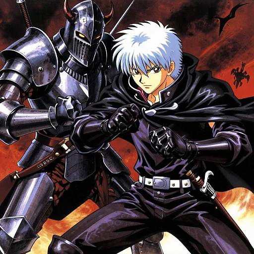 Digital anime-style illustration of a white-haired man in black armor and cloak, holding a sword, with a silver knight behind him, against a fiery,
