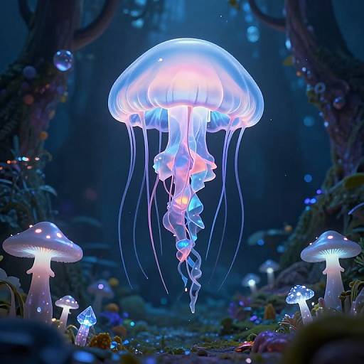 Photograph of a glowing, ethereal jellyfish with blue and purple hues, floating over a forest floor adorned with luminescent mushrooms and small sparkling