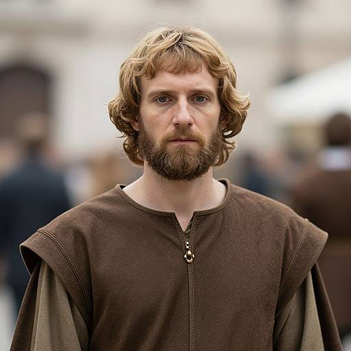 Photograph of a bearded, blue-eyed man with wavy brown hair, wearing a medieval-style brown tunic, standing in a blurred, indoor