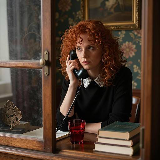 Woman with Curly Red Hair in Cabinet