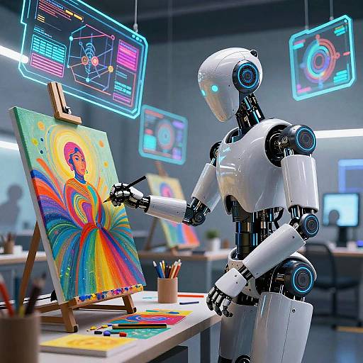 Photorealistic CGI of a white, humanoid robot with glowing blue accents painting a vibrant, psychedelic portrait on an easel in a modern, illuminated studio