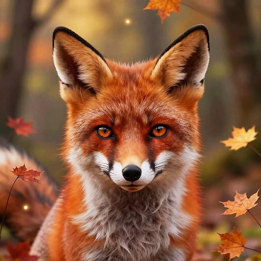 Photorealistic digital image of a vibrant red fox with intense orange eyes, surrounded by autumn leaves in a blurred forest background.