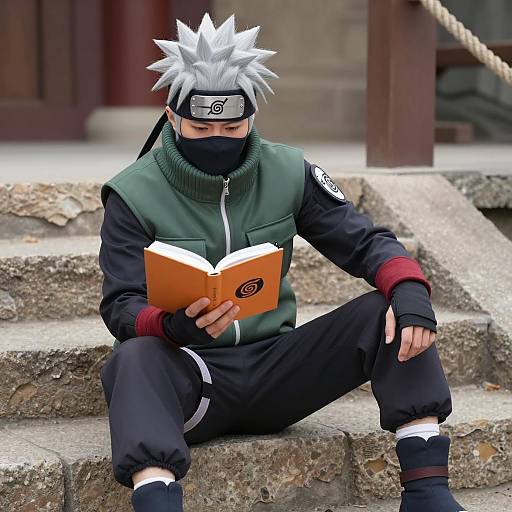 Ninja Reading on Stone Steps