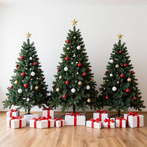 Photograph of three decorated Christmas trees with gold stars, red and white ornaments, standing in front of a white wall, surrounded by white gift boxes with