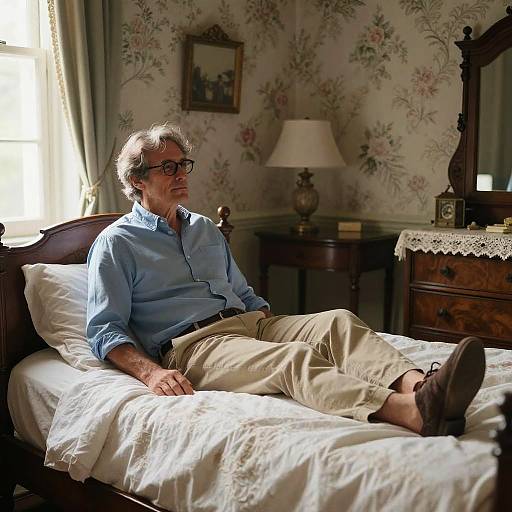 Photograph of an older man with gray hair, glasses, wearing a blue shirt and beige pants, reclining on a vintage bed in a floral-w