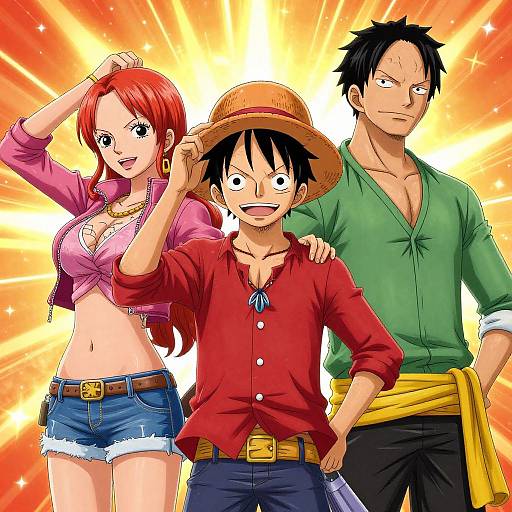 Digital anime-style drawing of Straw Hat Pirates: Nami (red hair, pink jacket, denim shorts), Monkey D. Luffy (red shirt,