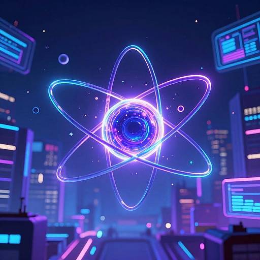 Neon-lit digital artwork of an atomic nucleus with glowing blue and purple orbits, set against a futuristic cityscape with cybernetic screens.