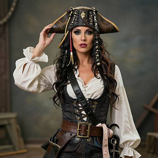 Photograph of a fierce pirate woman with long black hair, wearing a large tricorn hat, white shirt, black corset, and brown belt,