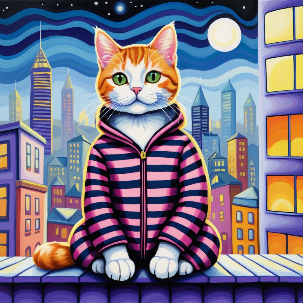 Whimsical Cat in Striped Pajamas