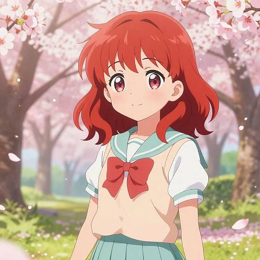 Anime-style drawing of a red-haired girl with large eyes, wearing a school uniform with a red bow, standing in a cherry blossom garden. Bright,