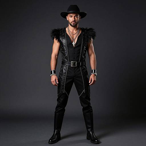Photograph of a muscular man in black leather vest, fur accents, black pants, boots, silver chains, hat, standing confidently against a dark gradient