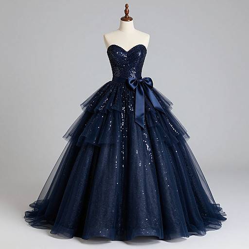 Photograph of a black, strapless, sweetheart-neck, tulle ball gown with sparkling sequins, bow at waist, displayed on a manne