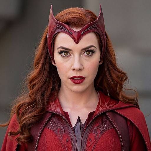 Photograph of a red-haired woman with fair skin wearing a red, intricately designed superhero costume and matching headpiece, looking directly at the camera with