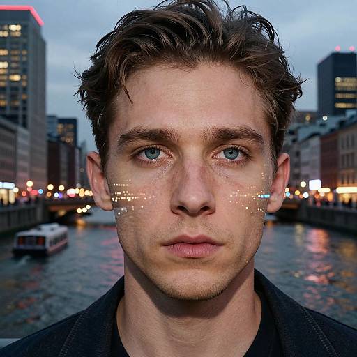 Photograph of a young man with blue eyes, brown wavy hair, and white face paint dots, standing in a rain-soaked urban street at