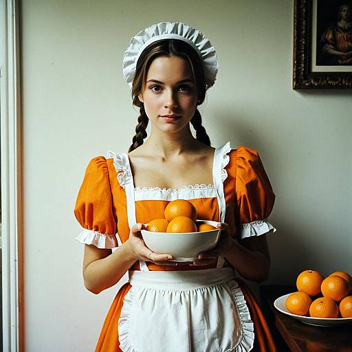 Orange Maid Holding Bowl of Oranges