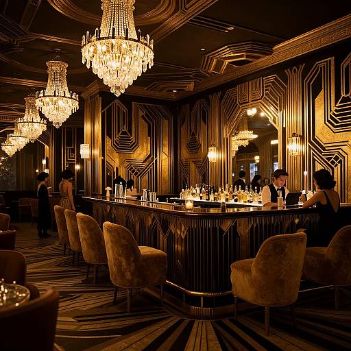 Photograph of an opulent bar with golden chandeliers, patterned walls, velvet chairs, and dim lighting, featuring a central bar and two
