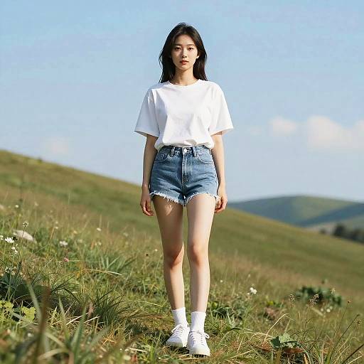 Young Asian woman with long black hair, wearing a white t-shirt, high-waisted blue denim shorts, white socks, and white sneakers, standing