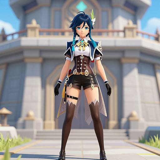 Digital anime-style drawing of a blue-haired, blue-eyed girl with black gloves, thigh-high stockings, and a corseted outfit, standing in front