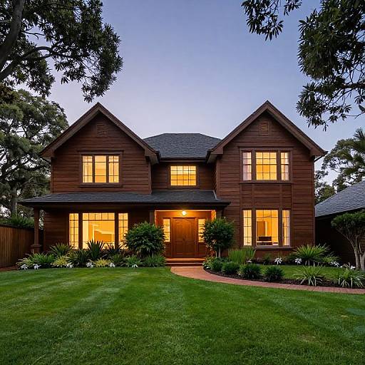 Photograph of a two-story, dark brown wooden house with warm yellow lights, set in a lush green lawn, surrounded by trees at dusk.