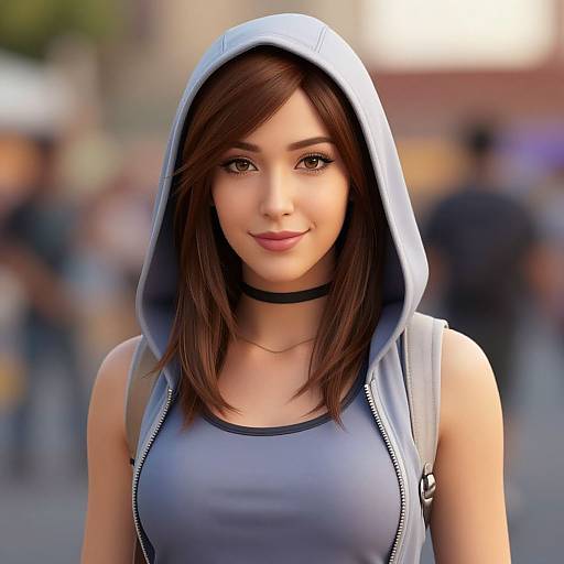 Photorealistic CGI image of a young woman with fair skin, brown hair, wearing a blue hoodie, black choker, and sleeveless top,