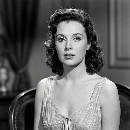 Black-and-white photograph of a 1940s-style woman with wavy dark hair, wearing a sleeveless, sequined dress, sitting in a