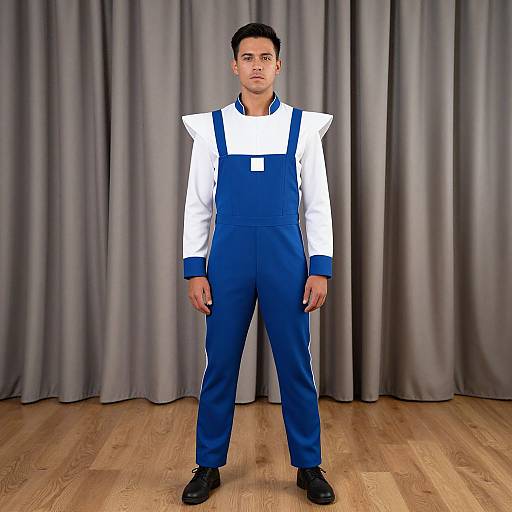 Photograph of a young man with short black hair, wearing a white long-sleeve shirt and blue overalls with suspenders, standing on wooden
