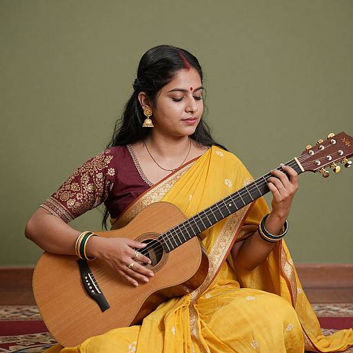 Photograph of an Indian woman with long black hair, wearing a yellow saree with gold embroidery, playing an acoustic guitar against a green wall.