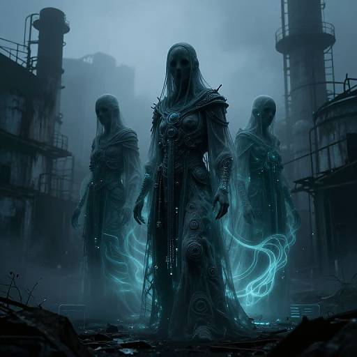 Digital art: Three ghostly, robed figures with glowing blue energy aura stand in a foggy, industrial, blue-lit, abandoned factory.