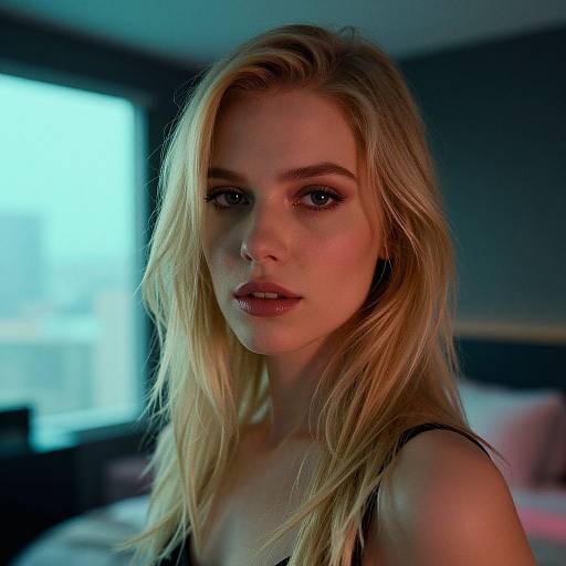 Photograph of a blonde woman with fair skin and blue eyes, wearing a black tank top, looking directly at the camera in a dimly lit bedroom